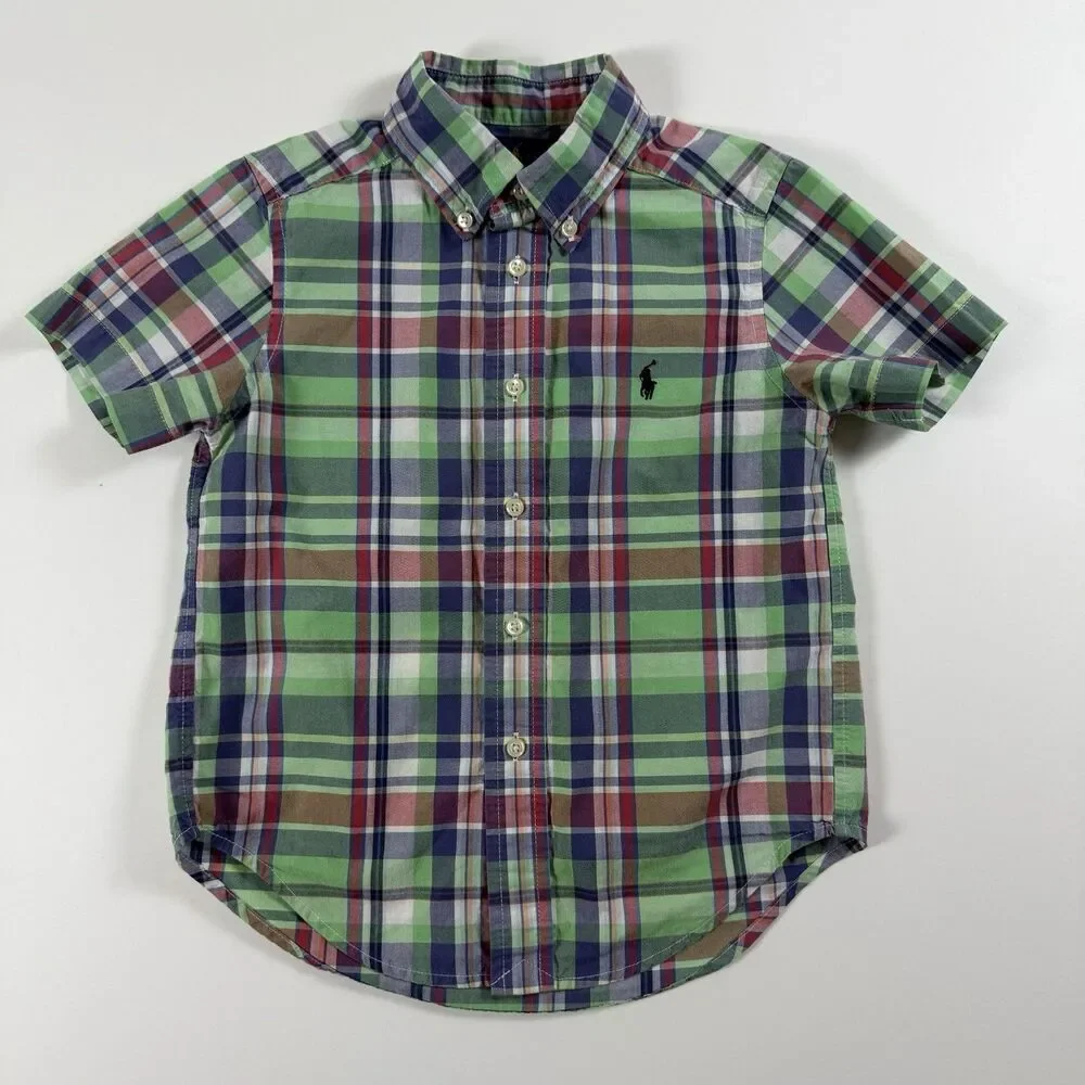 Ralph Lauren Boys 4/4T Plaid Button Down Shirt Green Blue Red 100% Cotton